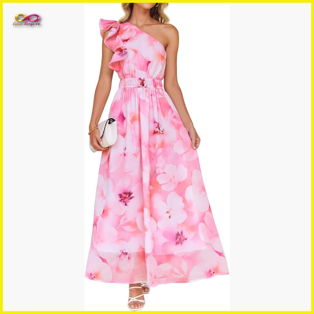 Boho Floral Maxi Dress One Shoulder Ruffle High Waist Beach Party Elegant